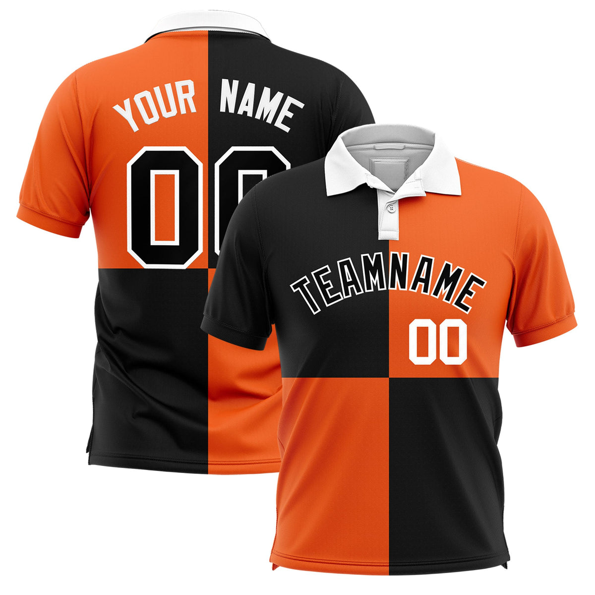 Custom Black Orange Four Squares Design Performance Polo Shirt
