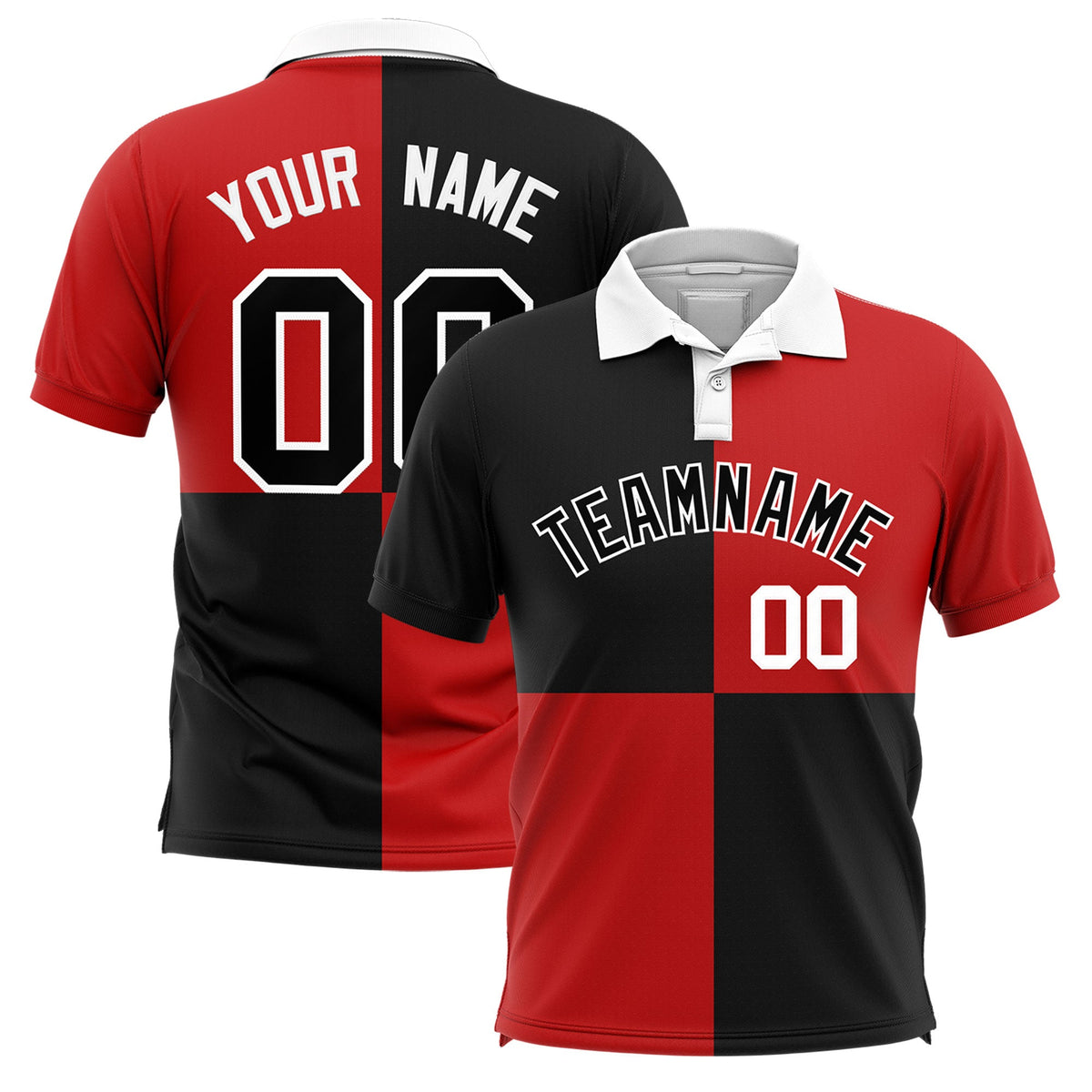Custom Black Red Four Squares Design Performance Polo Shirt