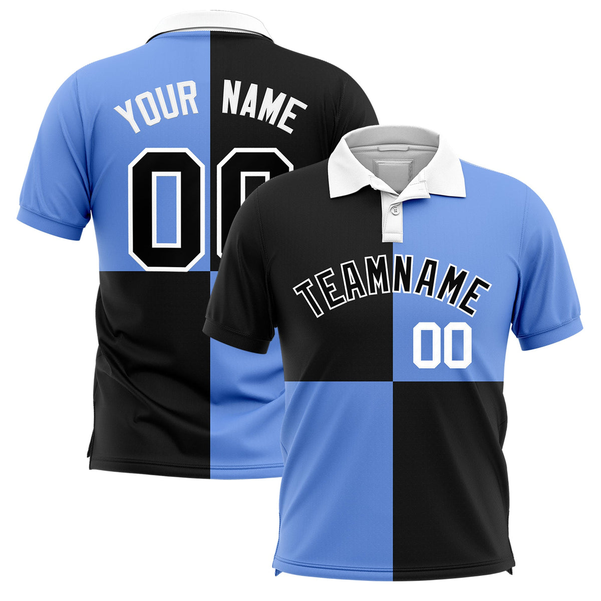 Custom Black Light Blue Four Squares Design Performance Polo Shirt