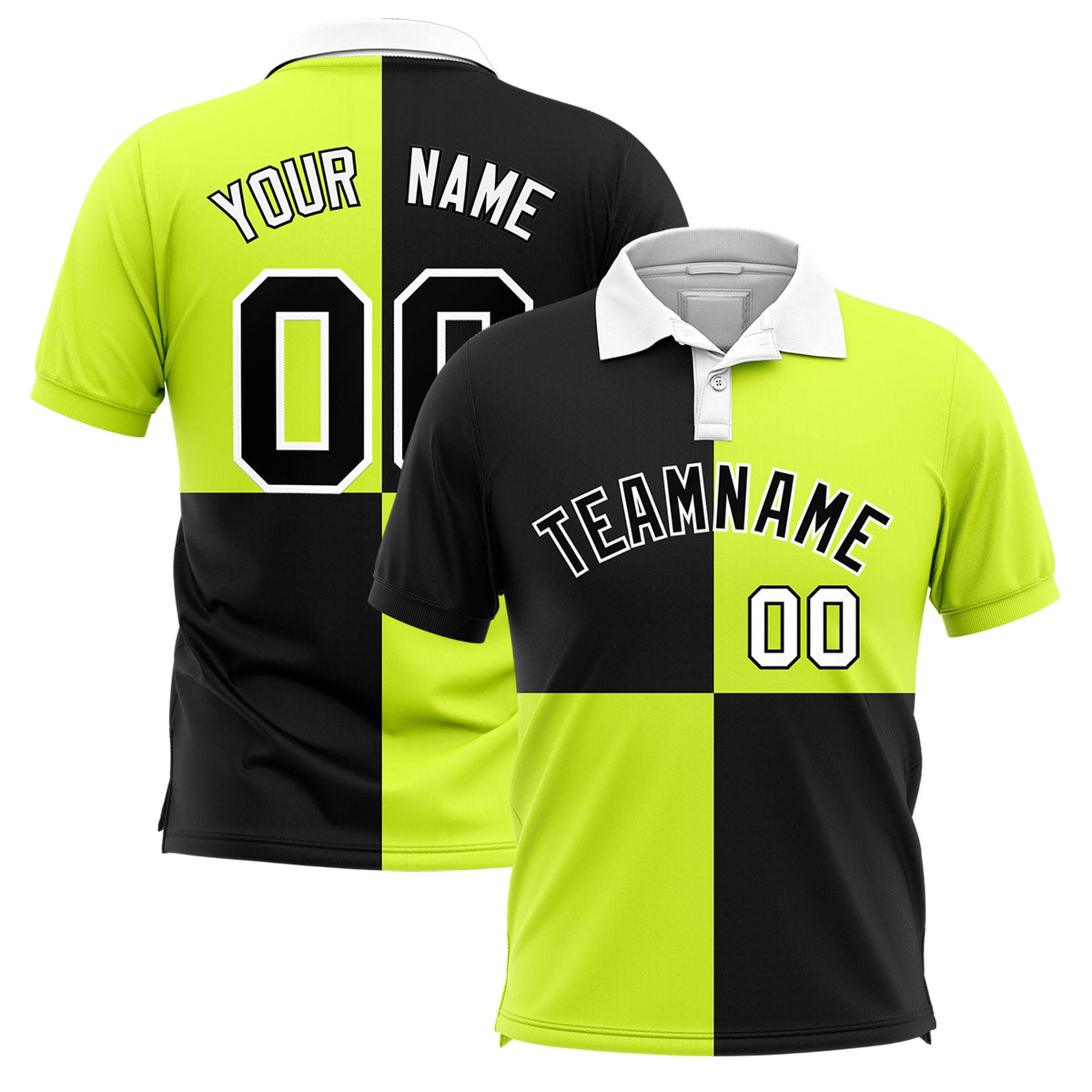 Custom Black Fluorescent Green Four Squares Design Performance Polo Shirt