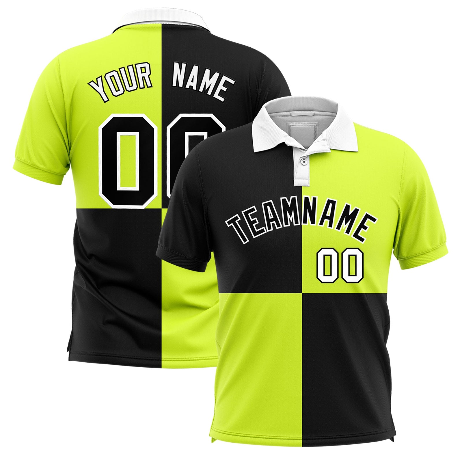 Custom Black Fluorescent Green Four Squares Design Performance Polo Shirt