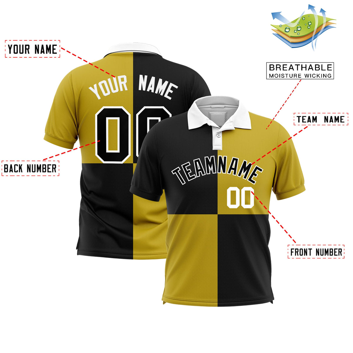 Custom Black Old Gold Four Squares Design Performance Polo Shirt