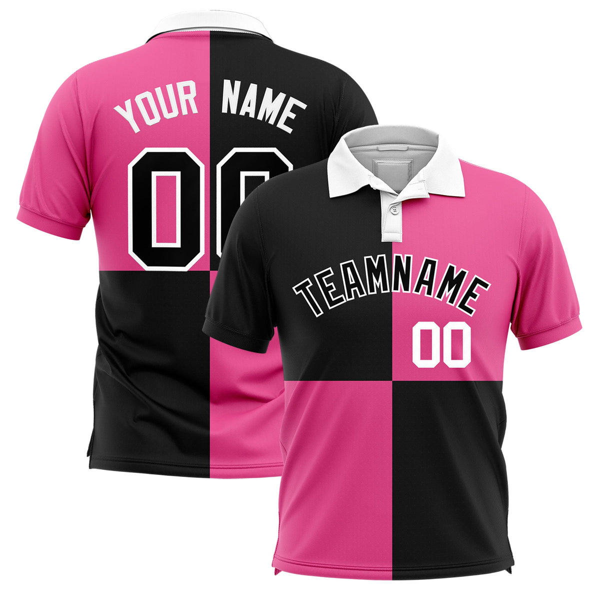 Custom Black Pink Four Squares Design Performance Polo Shirt