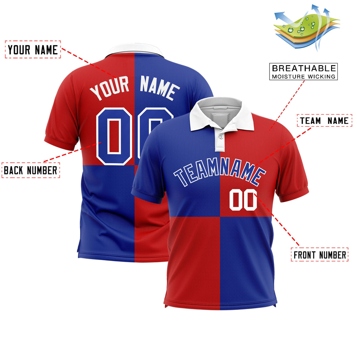 Custom Royal Red Four Squares Design Performance Polo Shirt