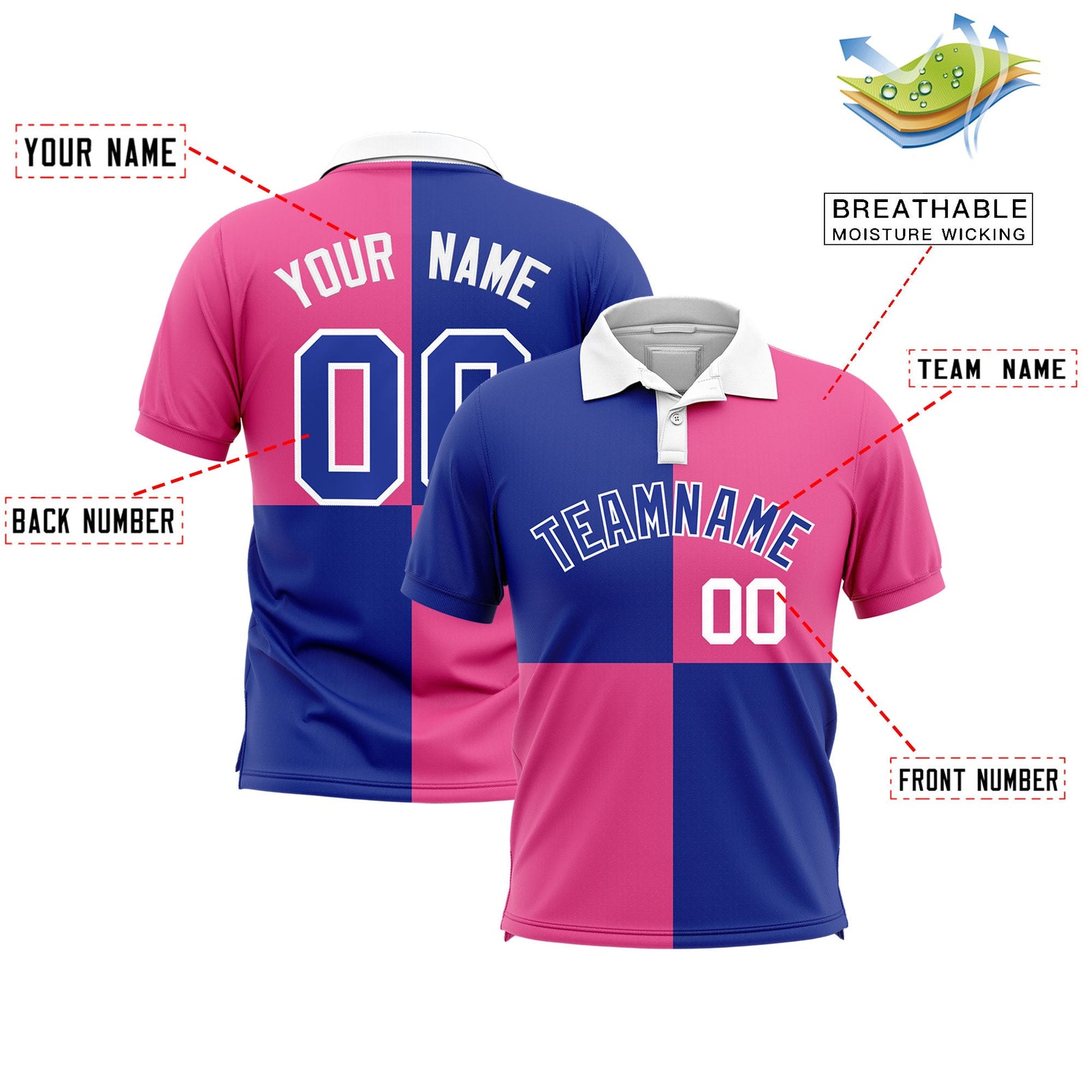Custom Royal Pink Four Squares Design Performance Polo Shirt