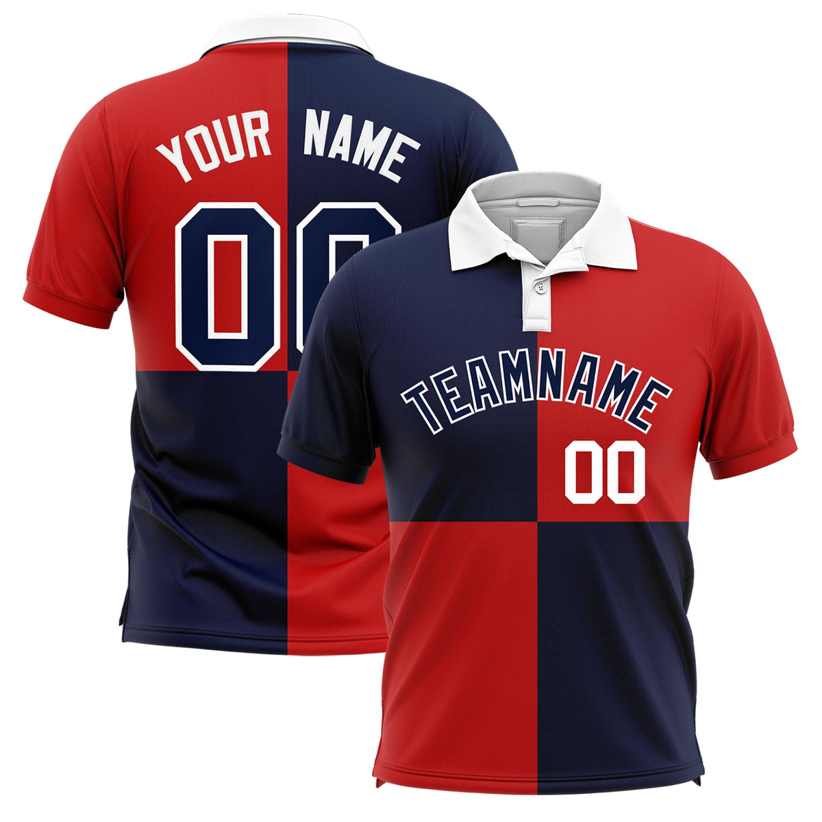 Custom Navy Red Four Squares Design Performance Polo Shirt