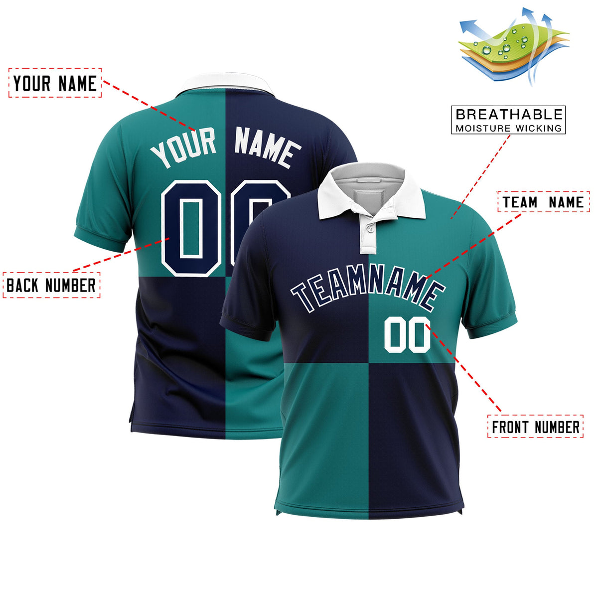 Custom Navy Black Four Squares Design Performance Polo Shirt