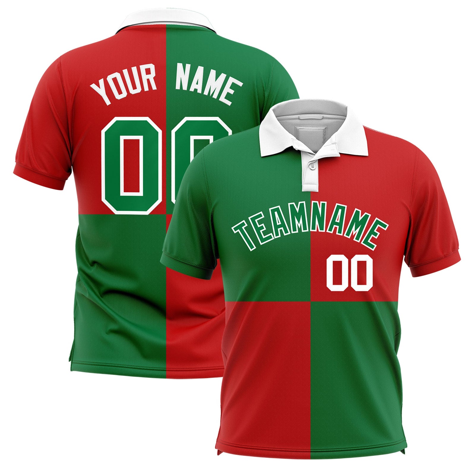 Custom Kelly Green Red Four Squares Design Performance Polo Shirt