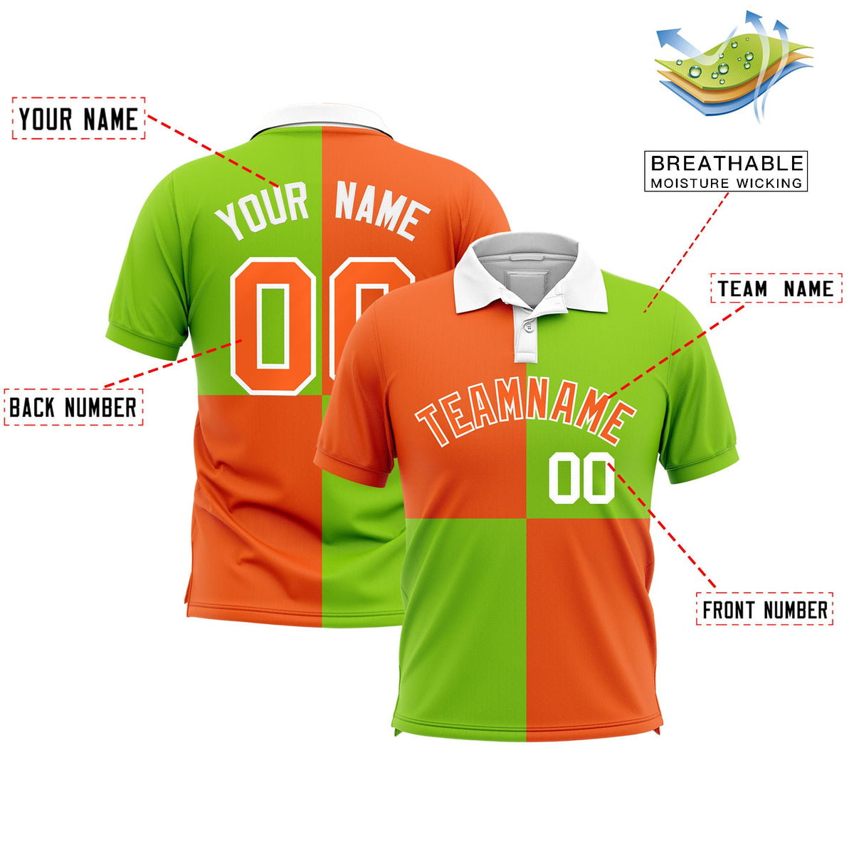 Custom Orange Neon Green Four Squares Design Performance Polo Shirt