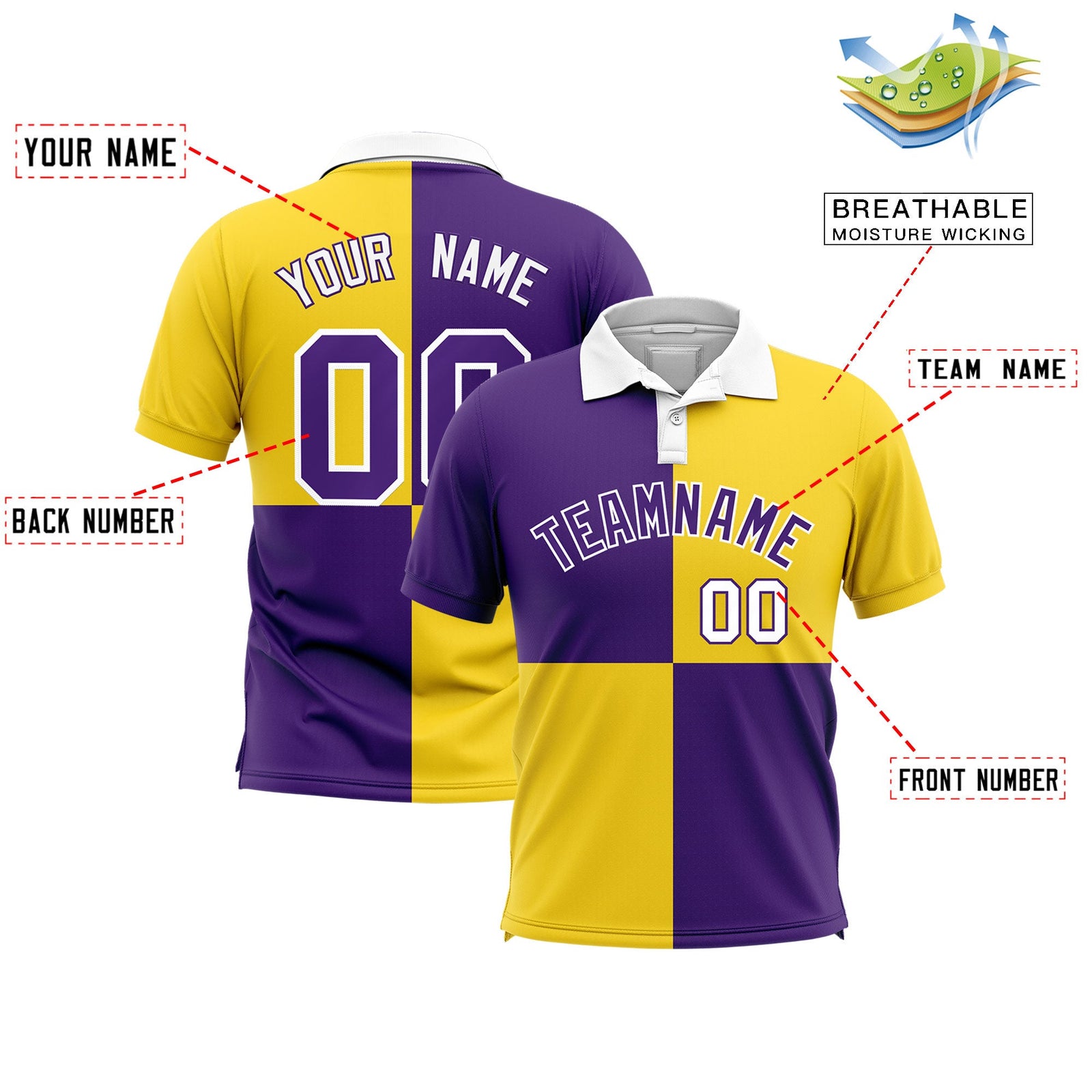 Custom Purple Gold Four Squares Design Performance Polo Shirt