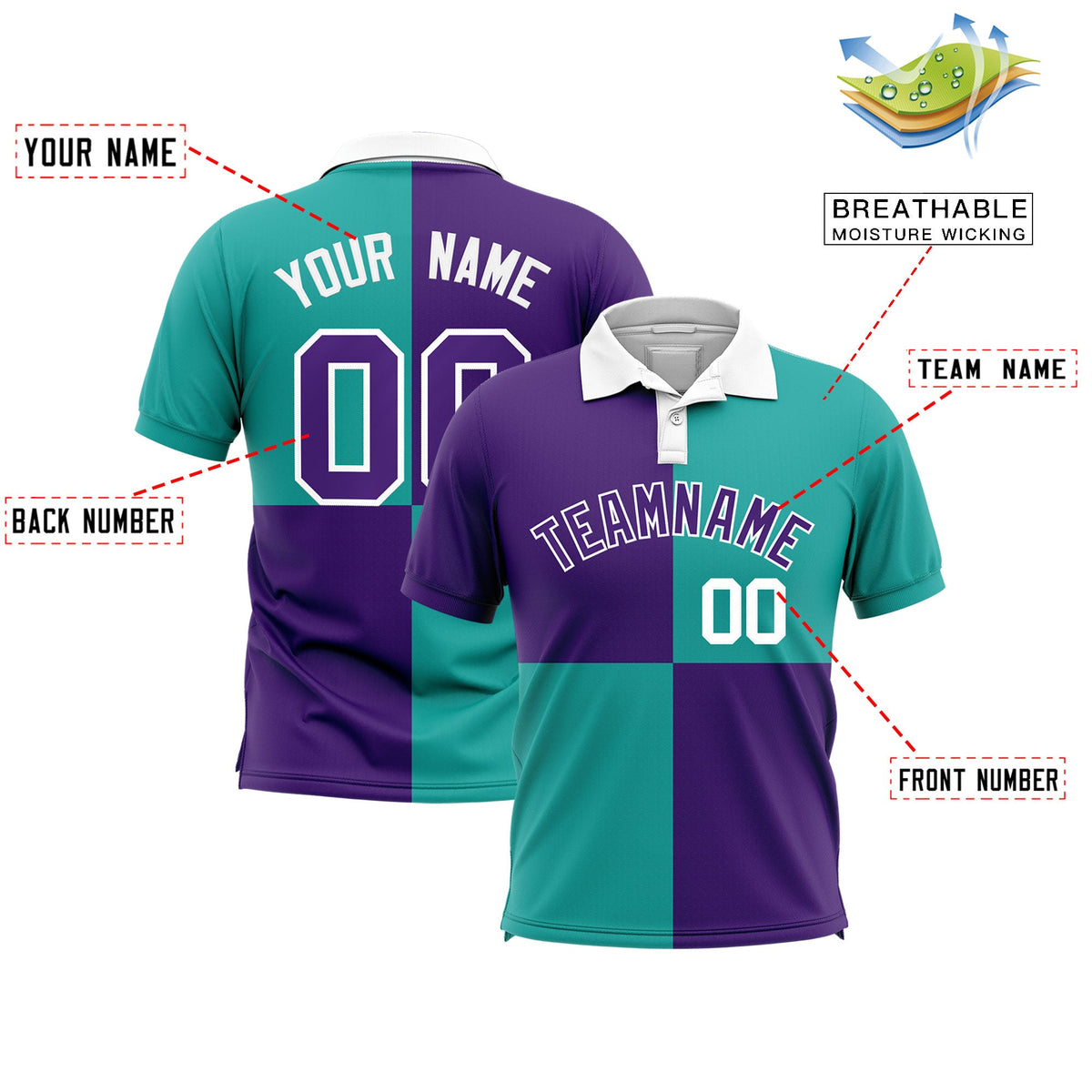 Custom Purple Aqua Four Squares Design Performance Polo Shirt