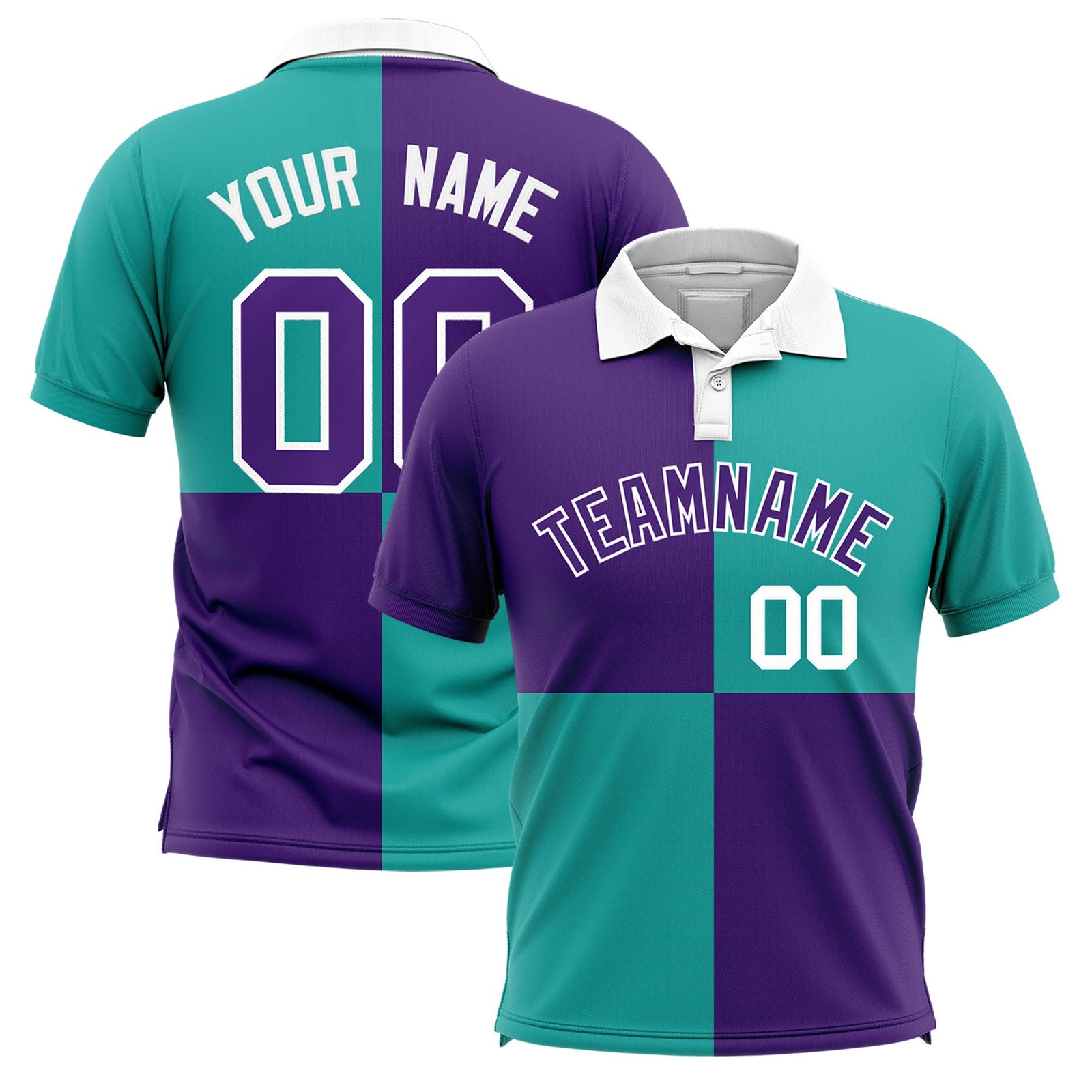 Custom Purple Aqua Four Squares Design Performance Polo Shirt