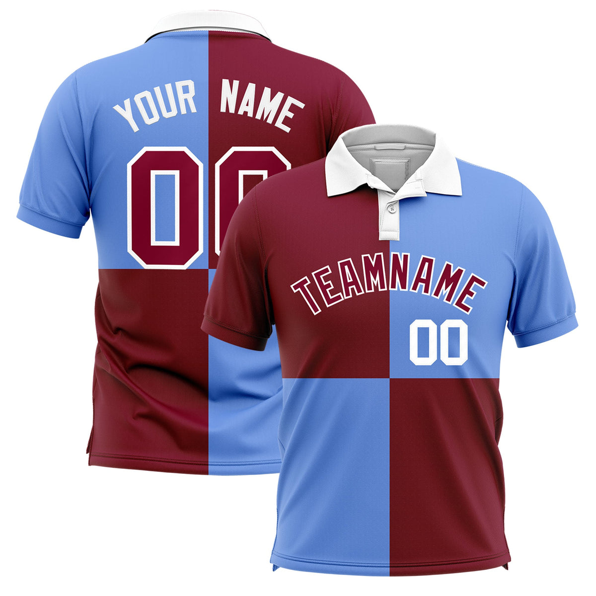 Custom Crimson Light Blue Four Squares Design Performance Polo Shirt