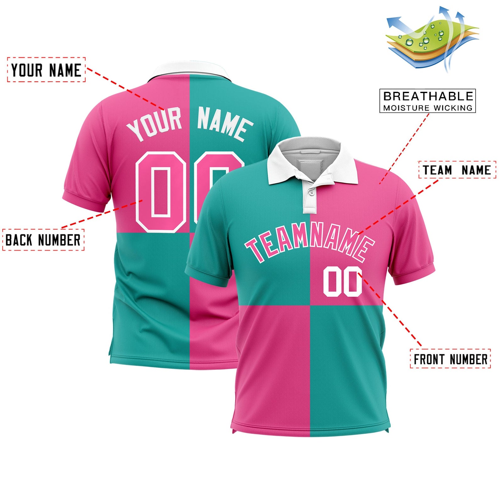Custom Aqua Pink Four Squares Design Performance Polo Shirt