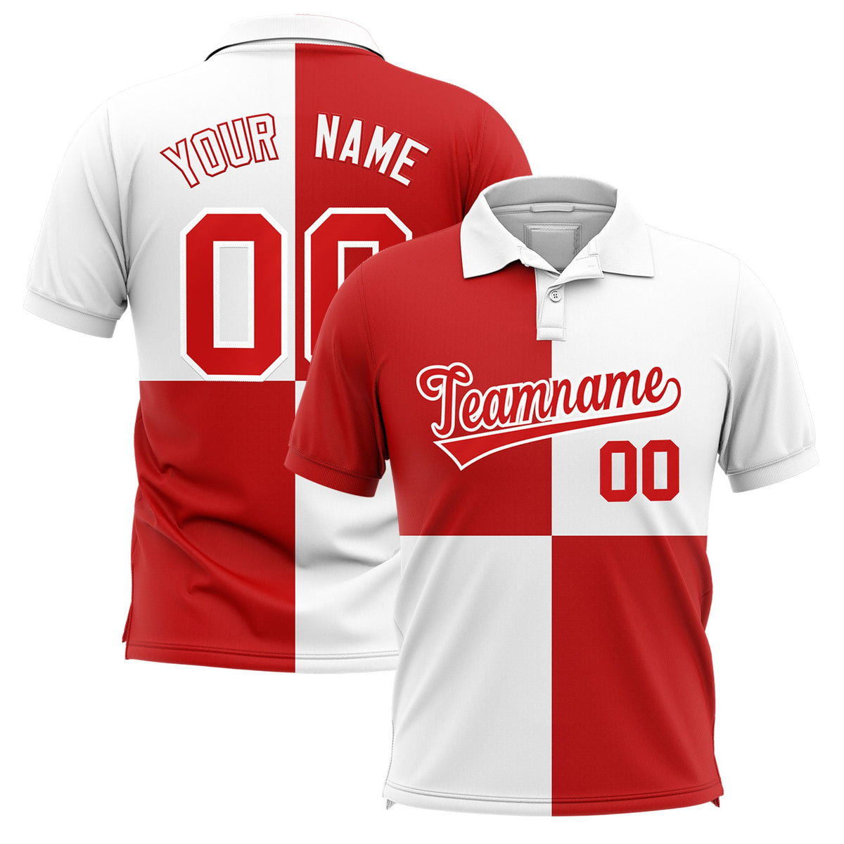 Custom White Red Four Squares Design Performance Polo Shirt