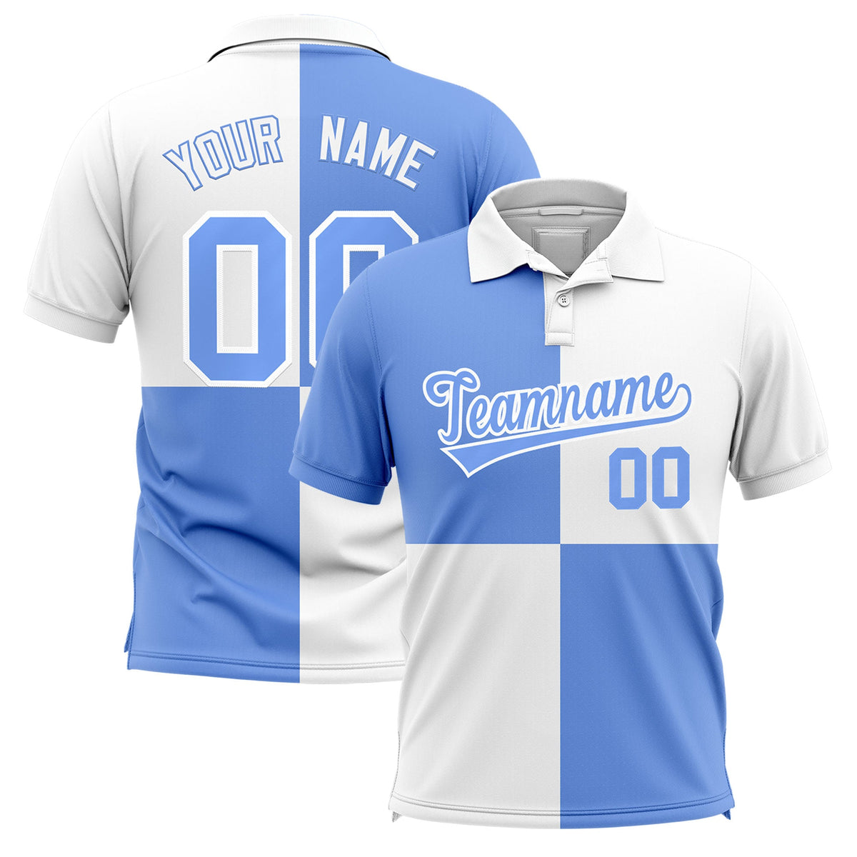 Custom Light Blue White Four Squares Design Performance Polo Shirt