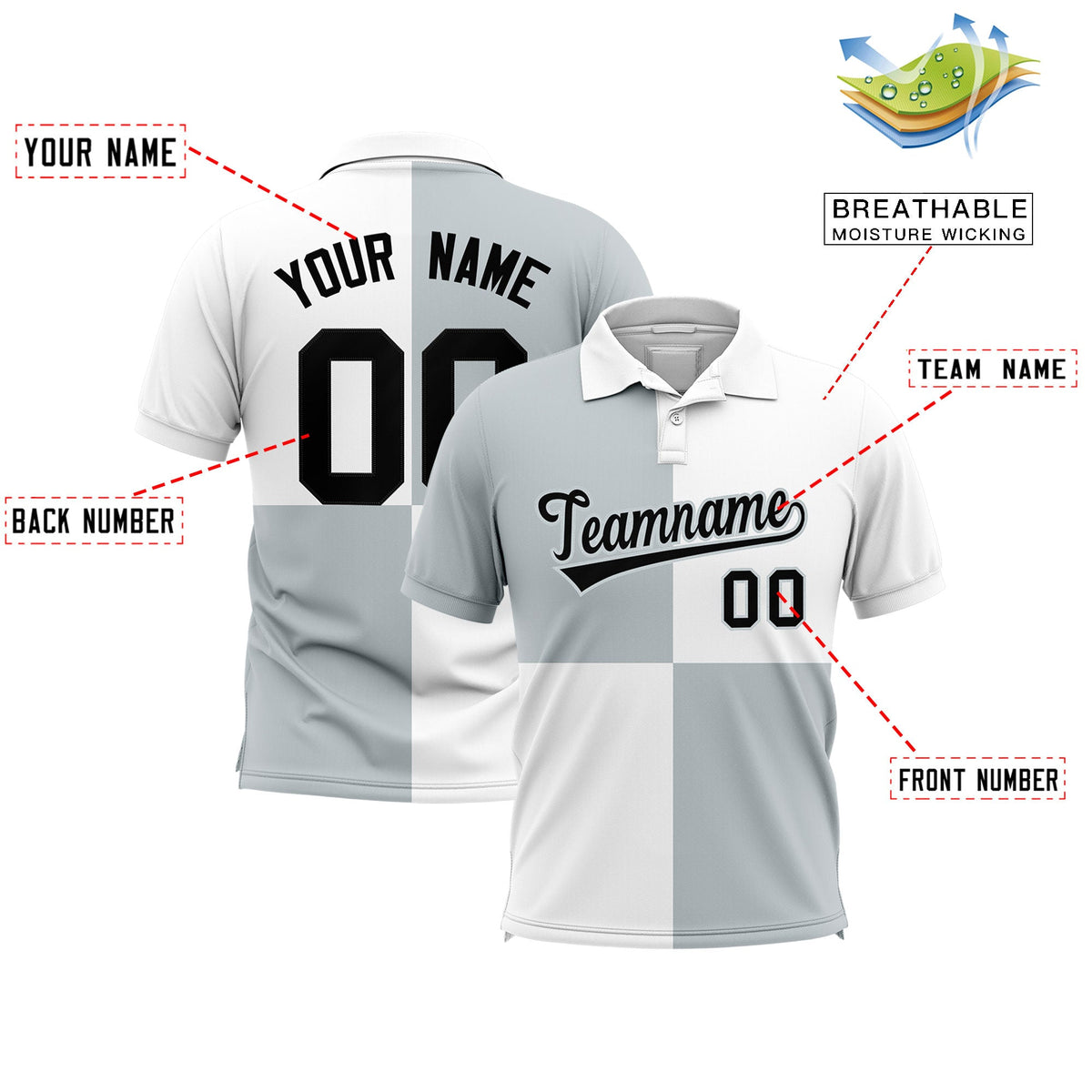 Custom Silver White Four Squares Design Performance Polo Shirt