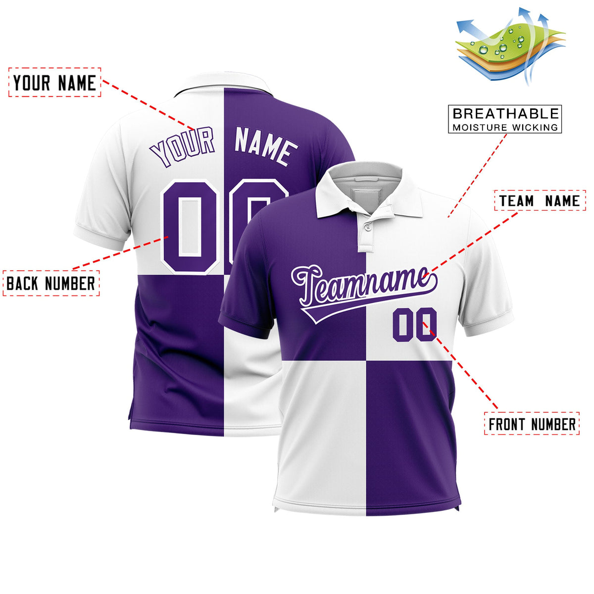 Custom Purple White Four Squares Design Performance Polo Shirt