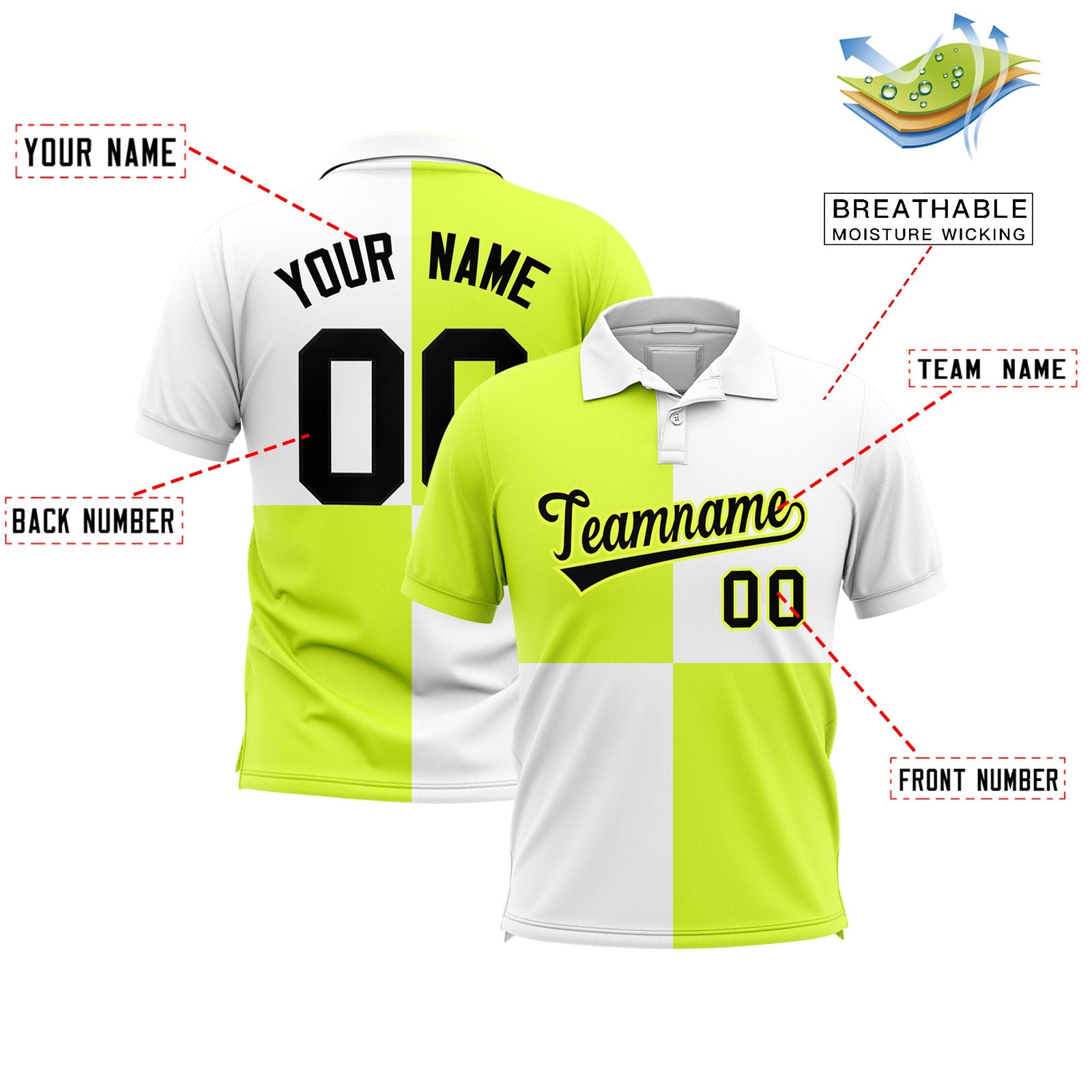 Custom Fluorescent Green White Four Squares Design Performance Polo Shirt