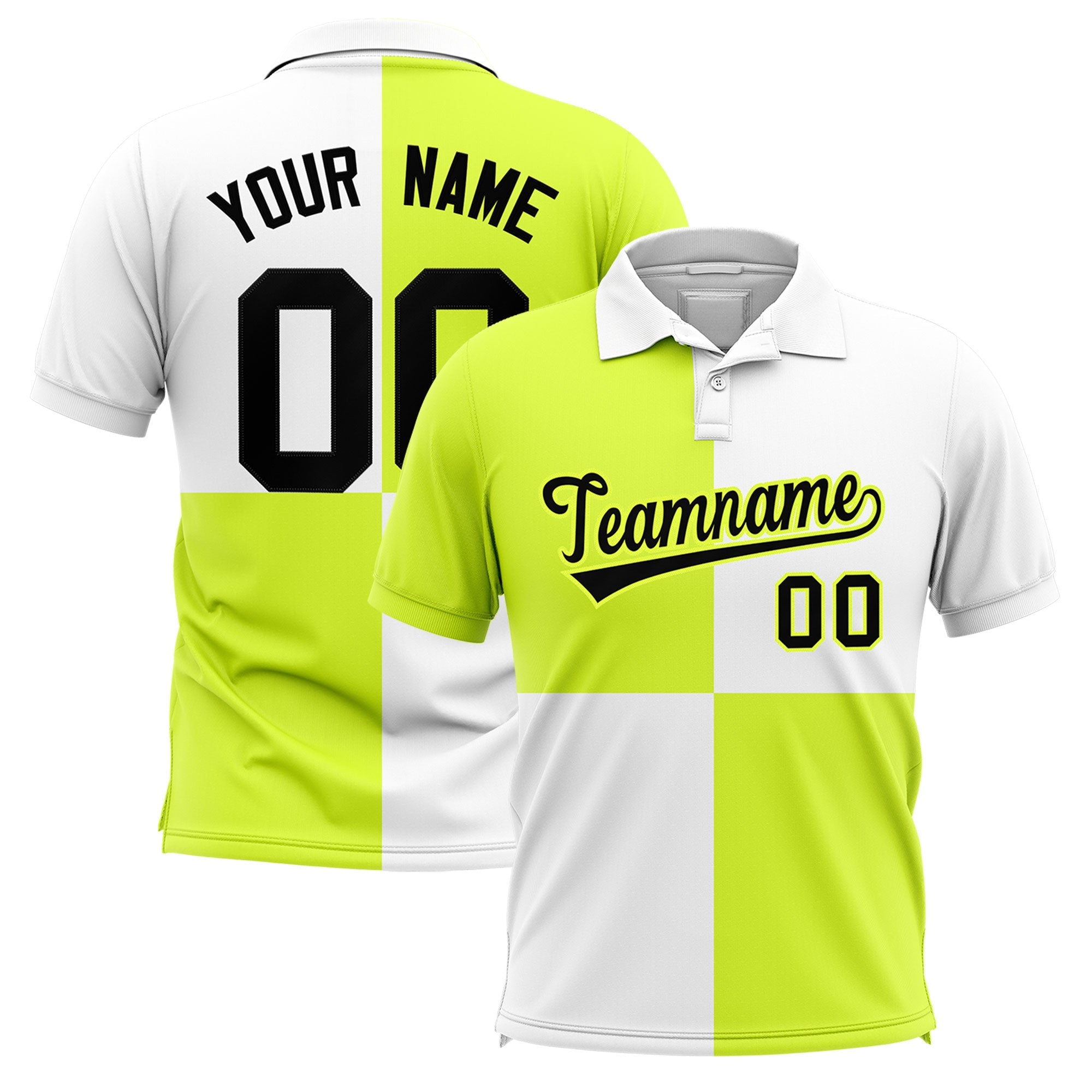 Custom Fluorescent Green White Four Squares Design Performance Polo Shirt