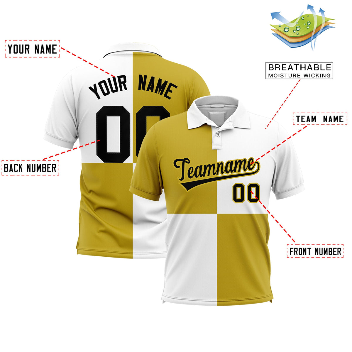 Custom Old Gold White Four Squares Design Performance Polo Shirt