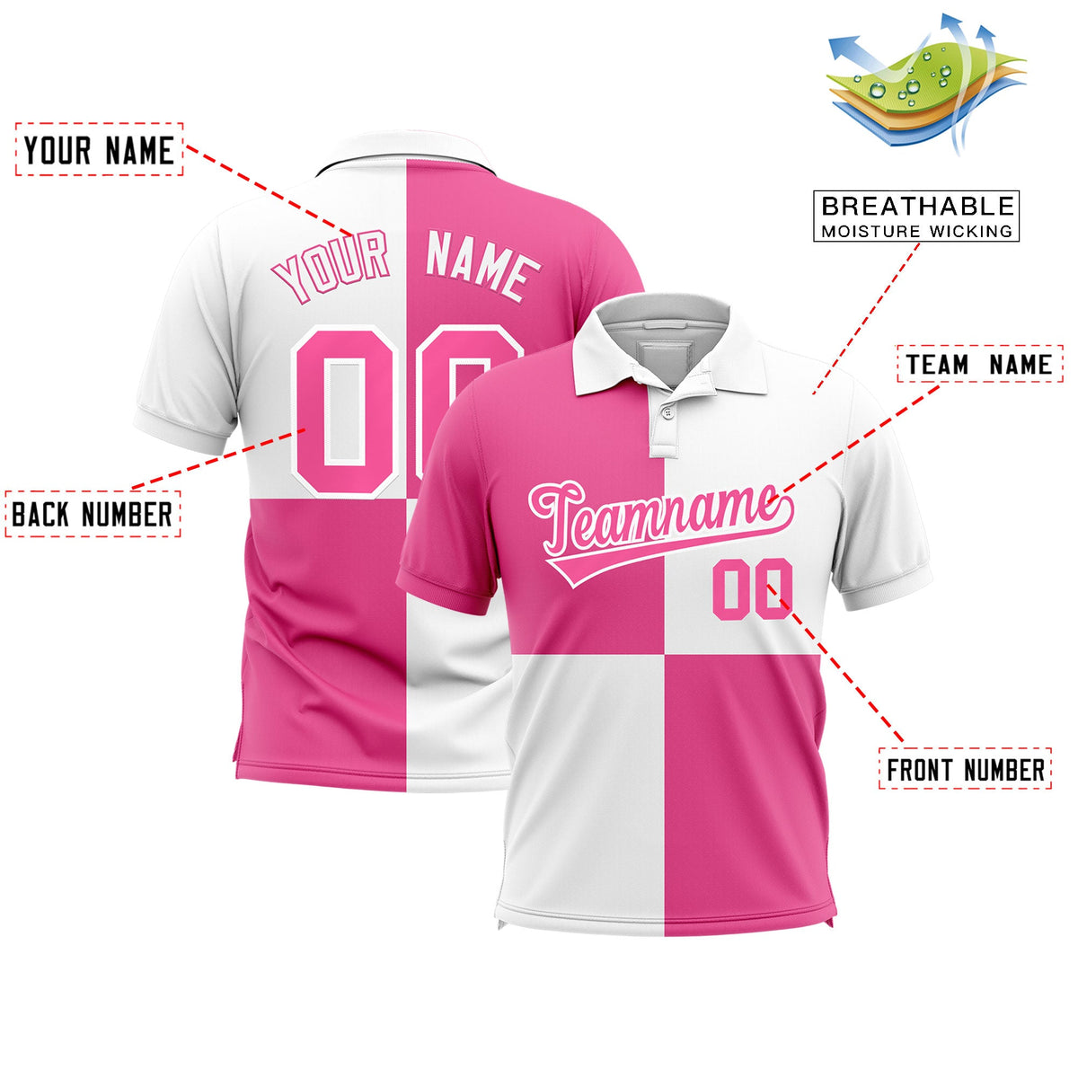 Custom Pink White Four Squares Design Performance Polo Shirt