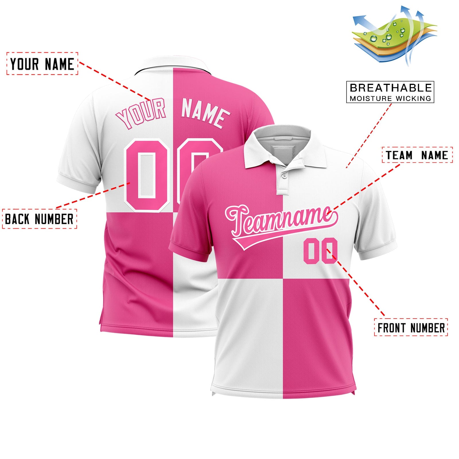 Custom Pink White Four Squares Design Performance Polo Shirt