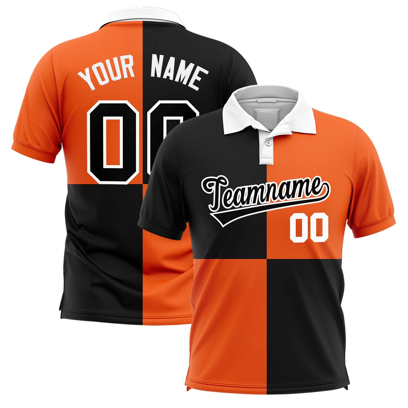 Custom Black Orange Four Squares Design Performance Polo Shirt