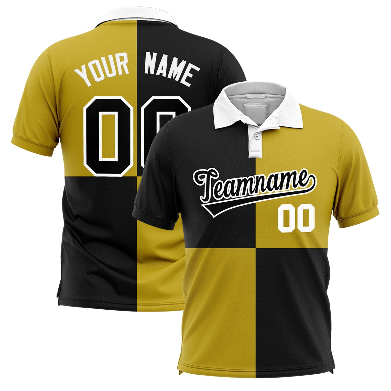 Custom Black Old Gold Four Squares Design Performance Polo Shirt