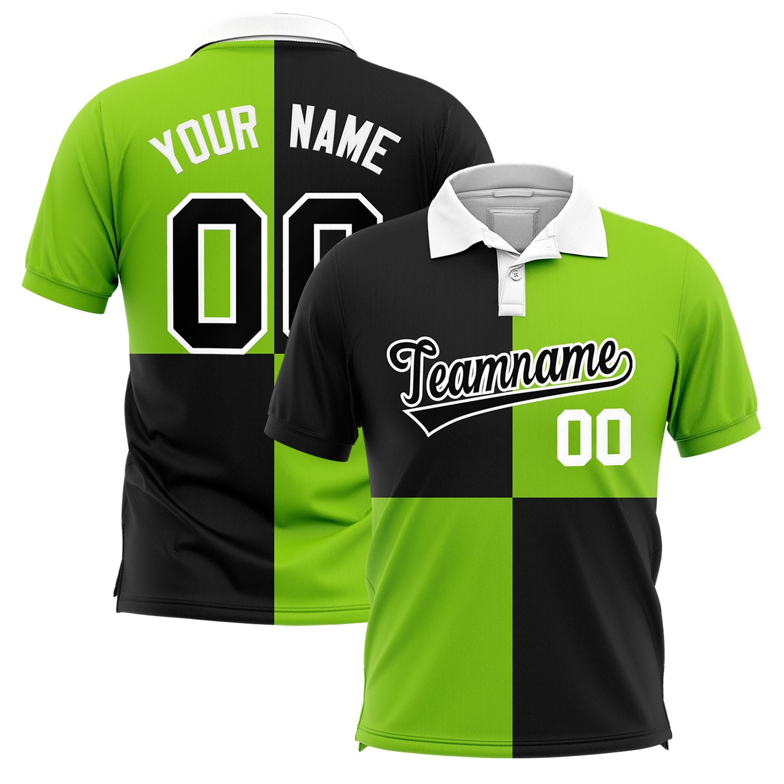 Custom Black Neon Green Four Squares Design Performance Polo Shirt