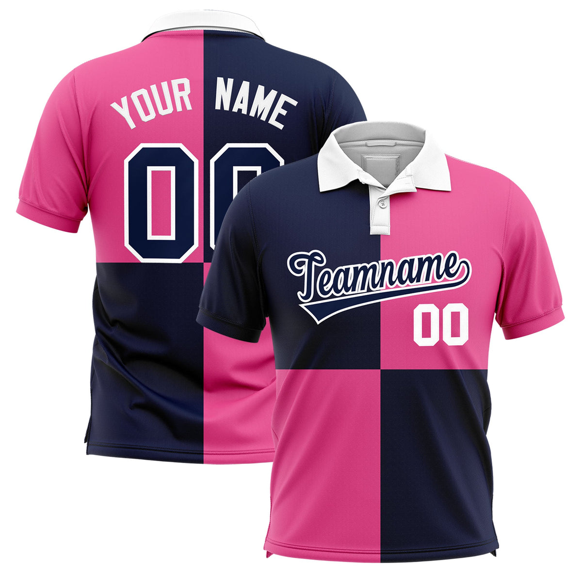 Custom Navy Pink Four Squares Design Performance Polo Shirt