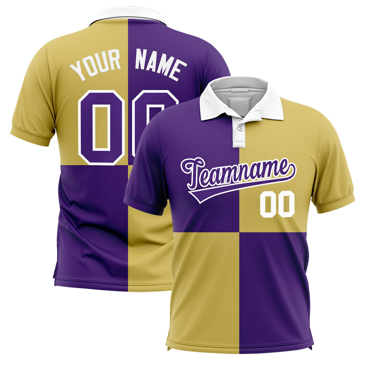 Custom Purple Old Gold Four Squares Design Performance Polo Shirt