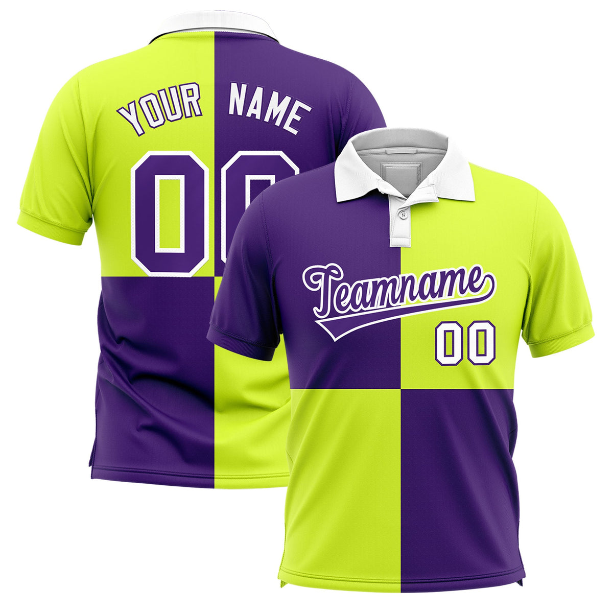 Custom Purple Fluorescent Green Four Squares Design Performance Polo Shirt