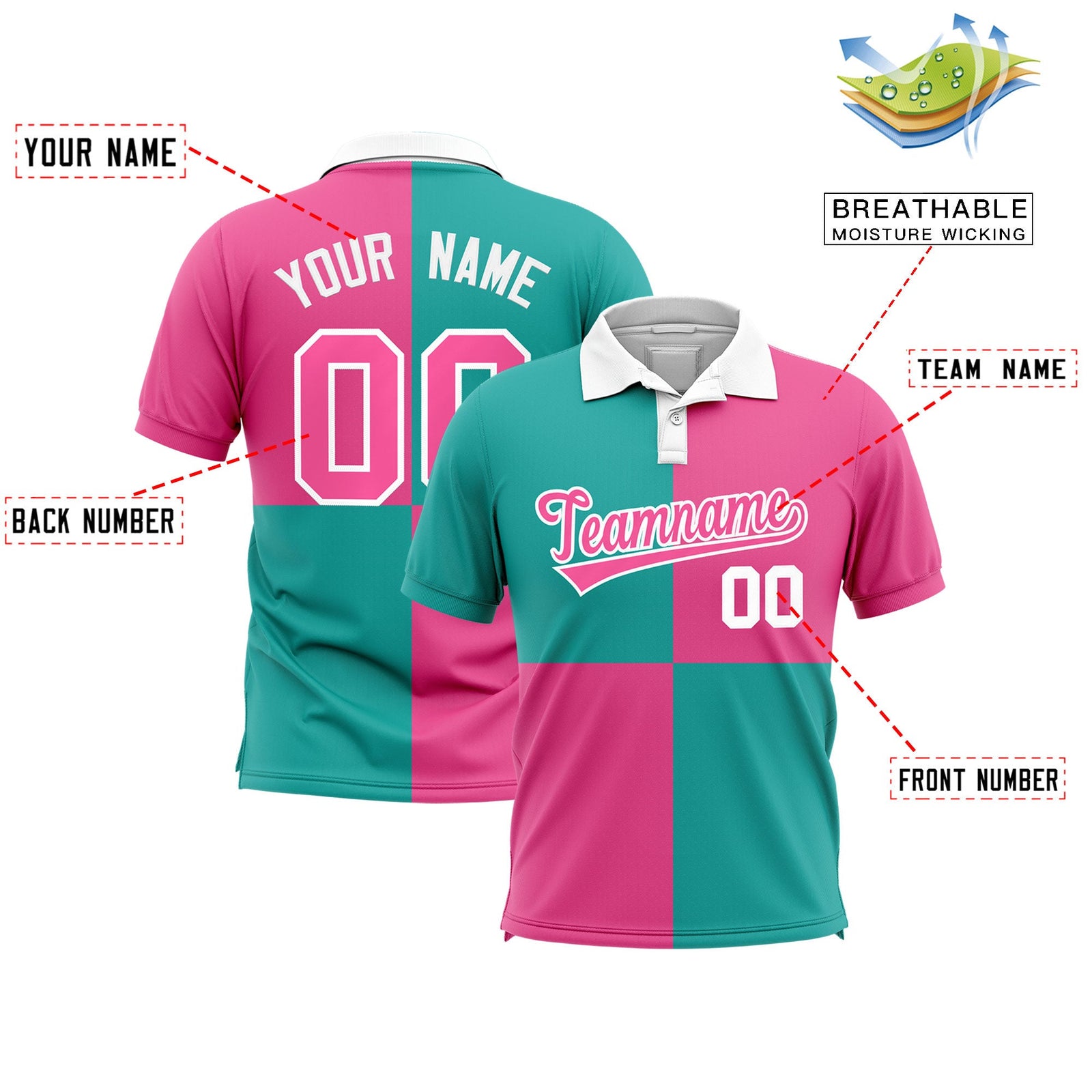 Custom Aqua Pink Four Squares Design Performance Polo Shirt
