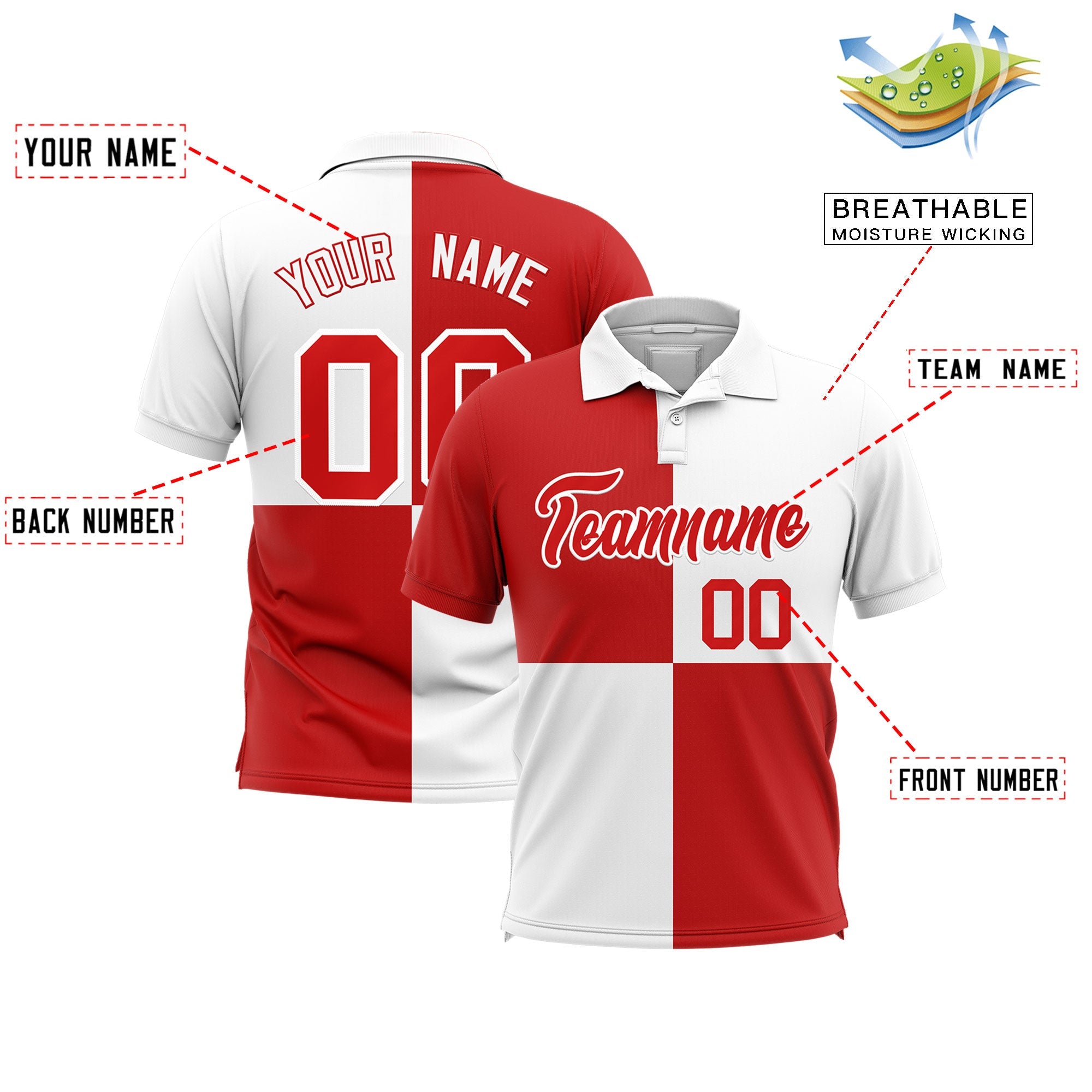 Custom White Red Four Squares Design Performance Polo Shirt