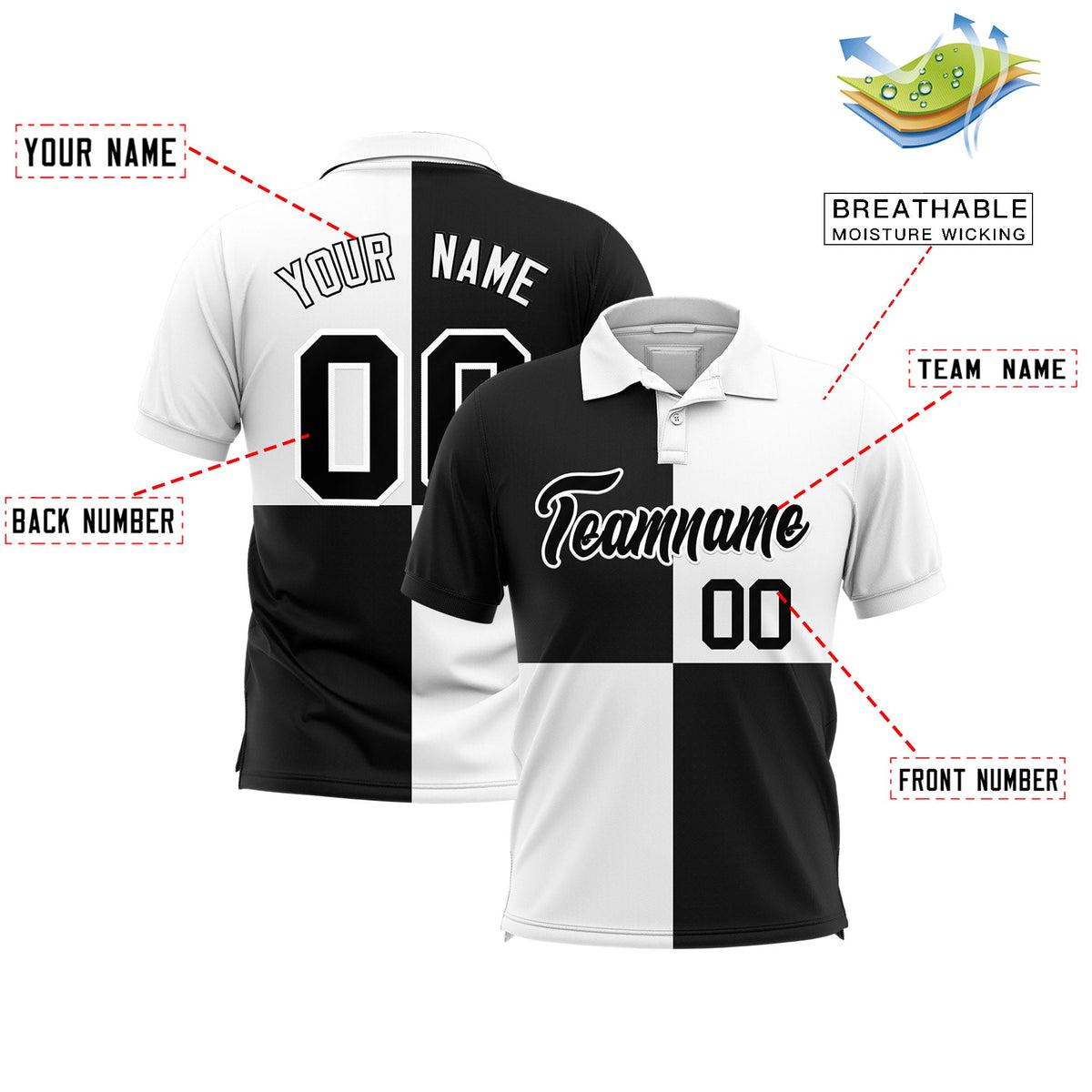 Custom White Black Four Squares Design Performance Polo Shirt