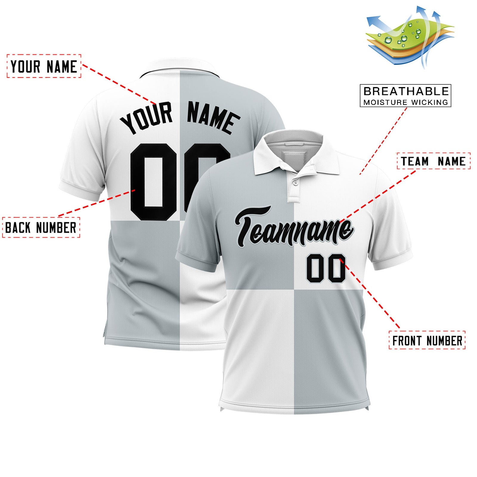 Custom Silver White Four Squares Design Performance Polo Shirt