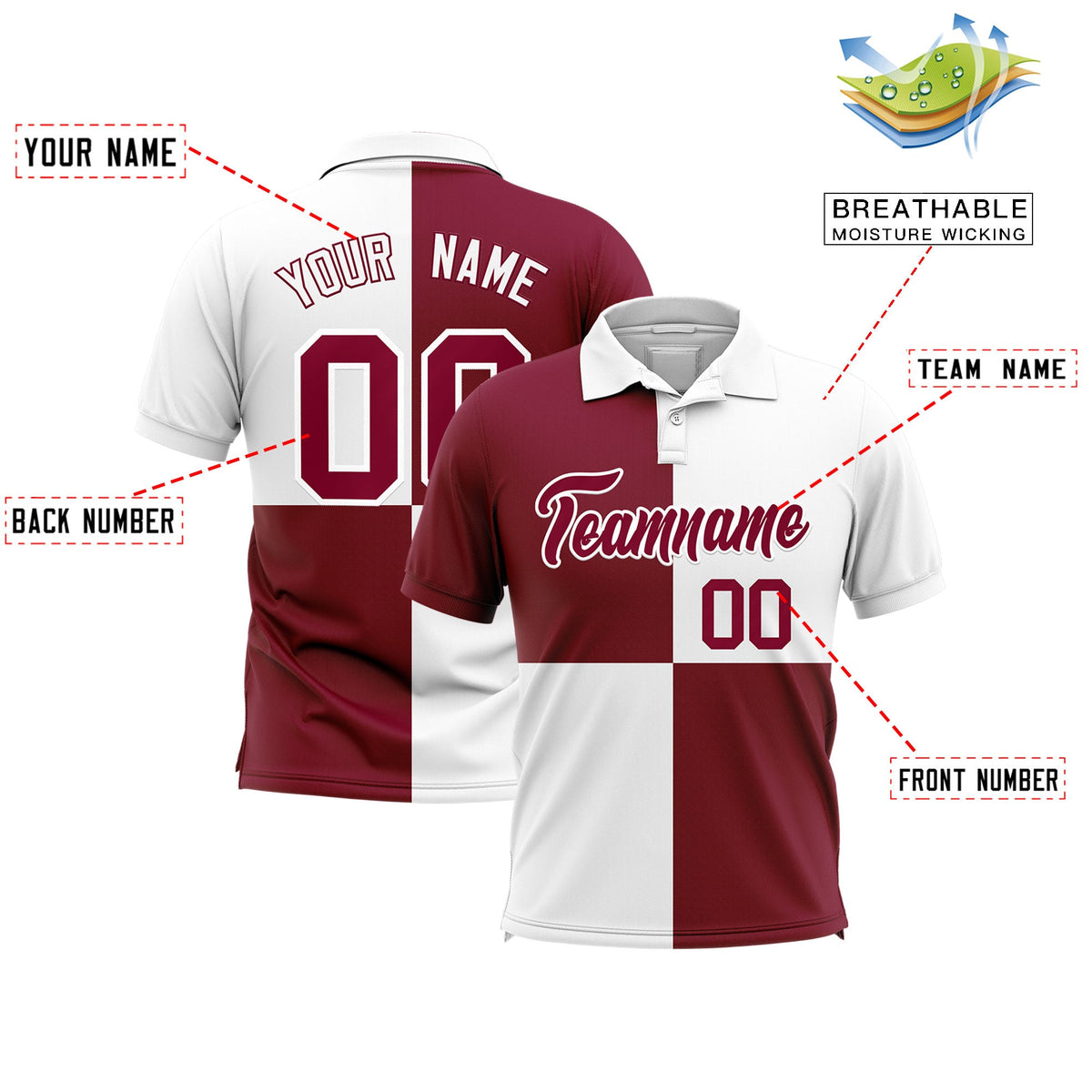 Custom Crimson White Four Squares Design Performance Polo Shirt