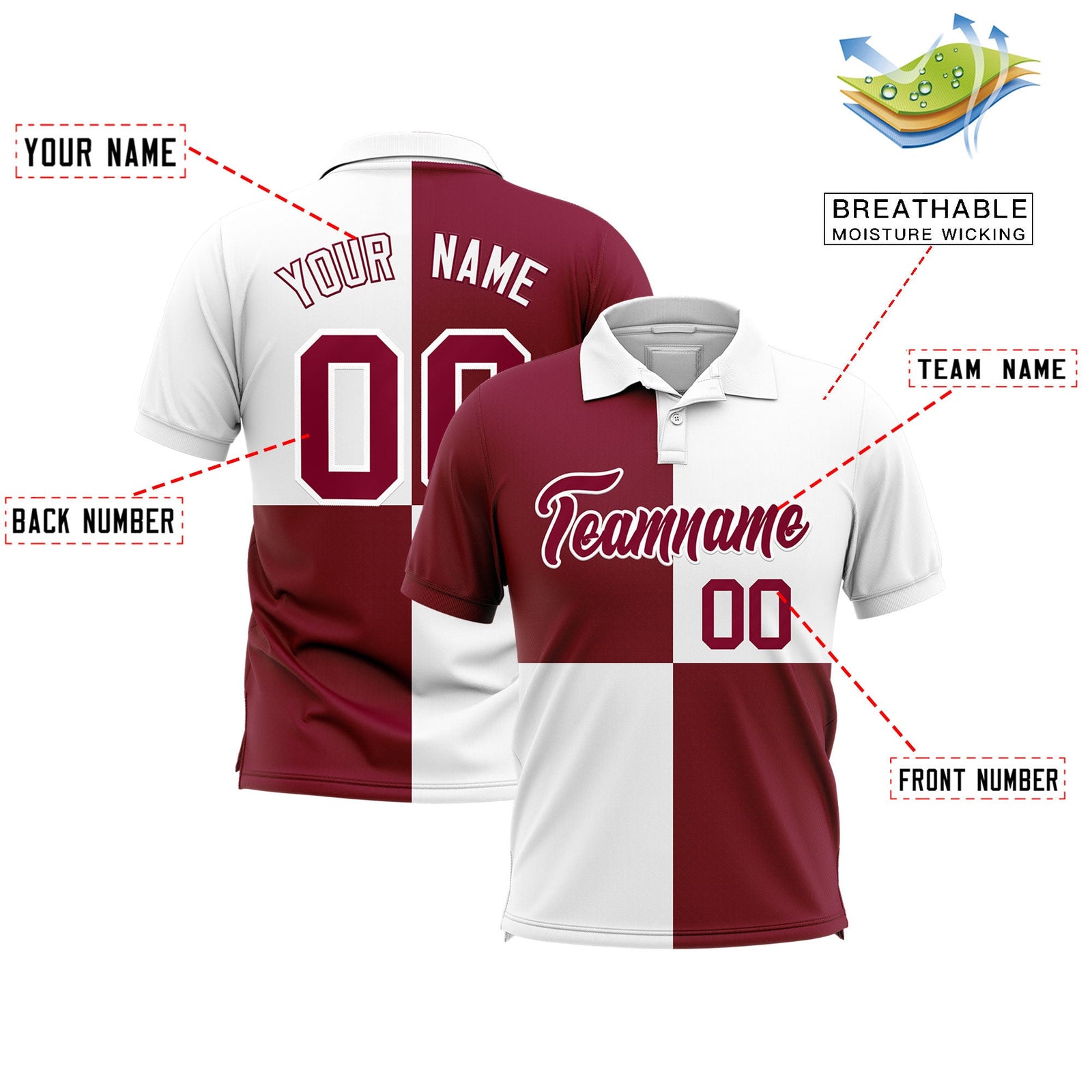 Custom Crimson White Four Squares Design Performance Polo Shirt