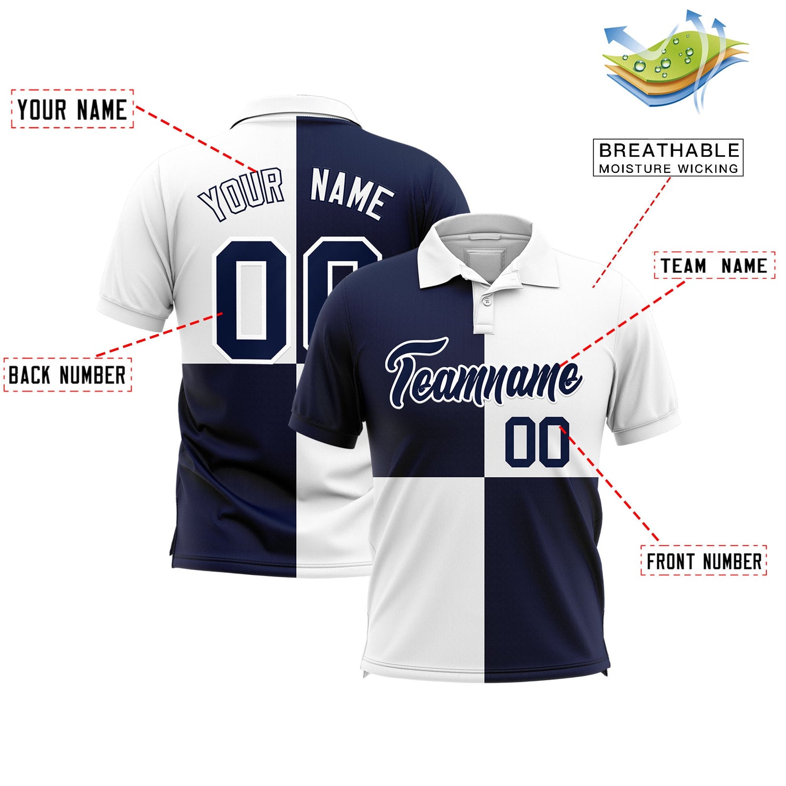 Custom Navy White Four Squares Design Performance Polo Shirt