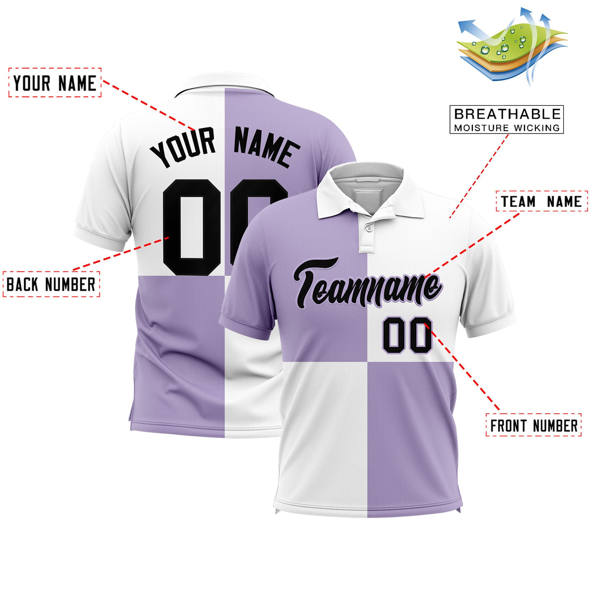 Custom Light Purple White Four Squares Design Performance Polo Shirt