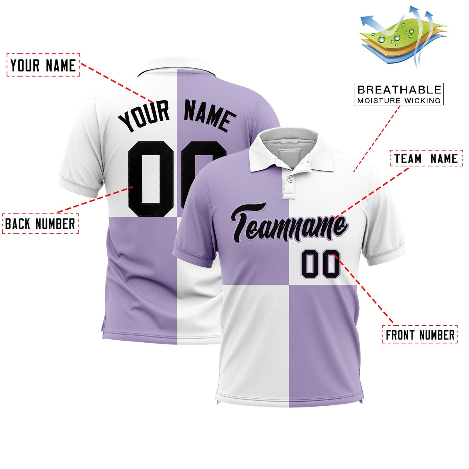 Custom Light Purple White Four Squares Design Performance Polo Shirt