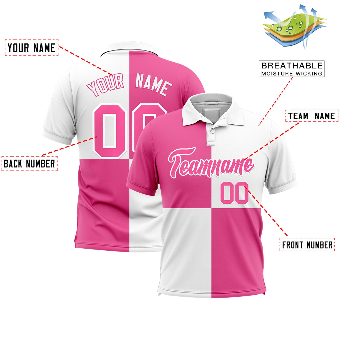 Custom Pink White Four Squares Design Performance Polo Shirt