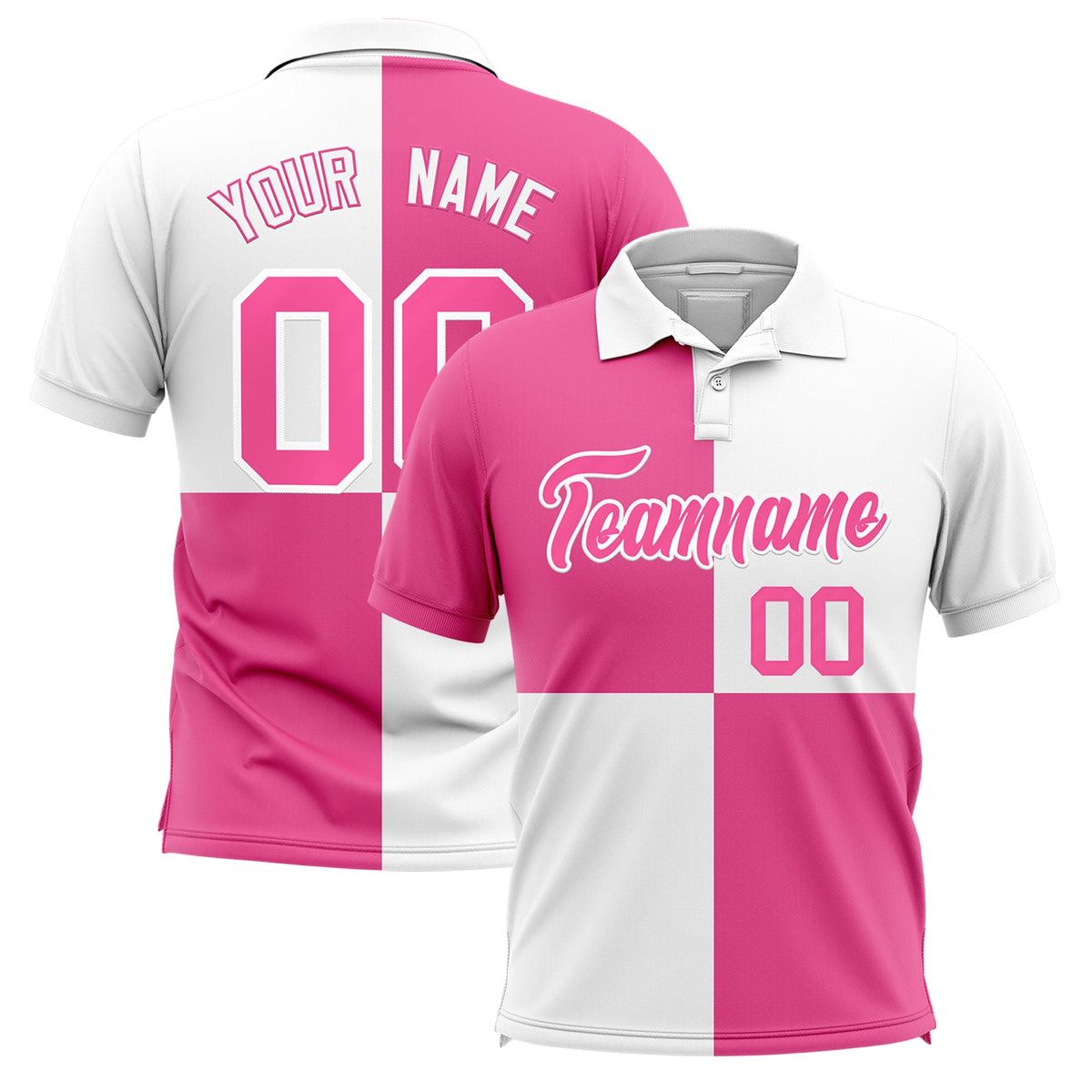 Custom Pink White Four Squares Design Performance Polo Shirt