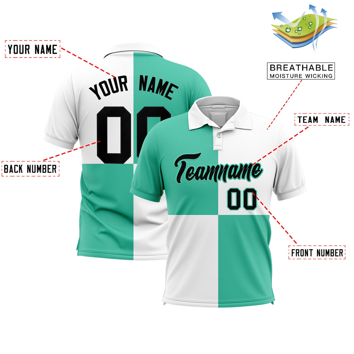 Custom Bright Green White Four Squares Design Performance Polo Shirt