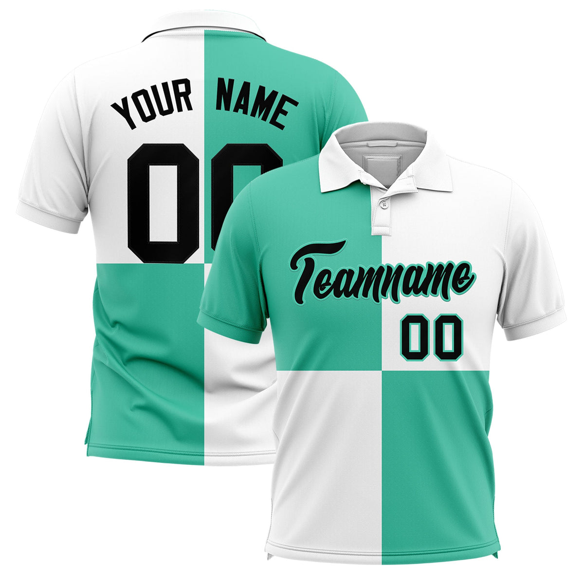 Custom Bright Green White Four Squares Design Performance Polo Shirt