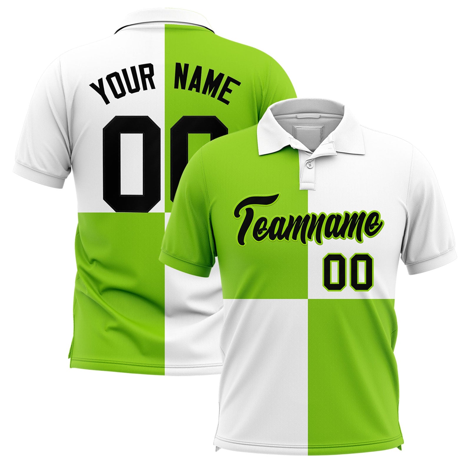 Custom Neon Green White Four Squares Design Performance Polo Shirt