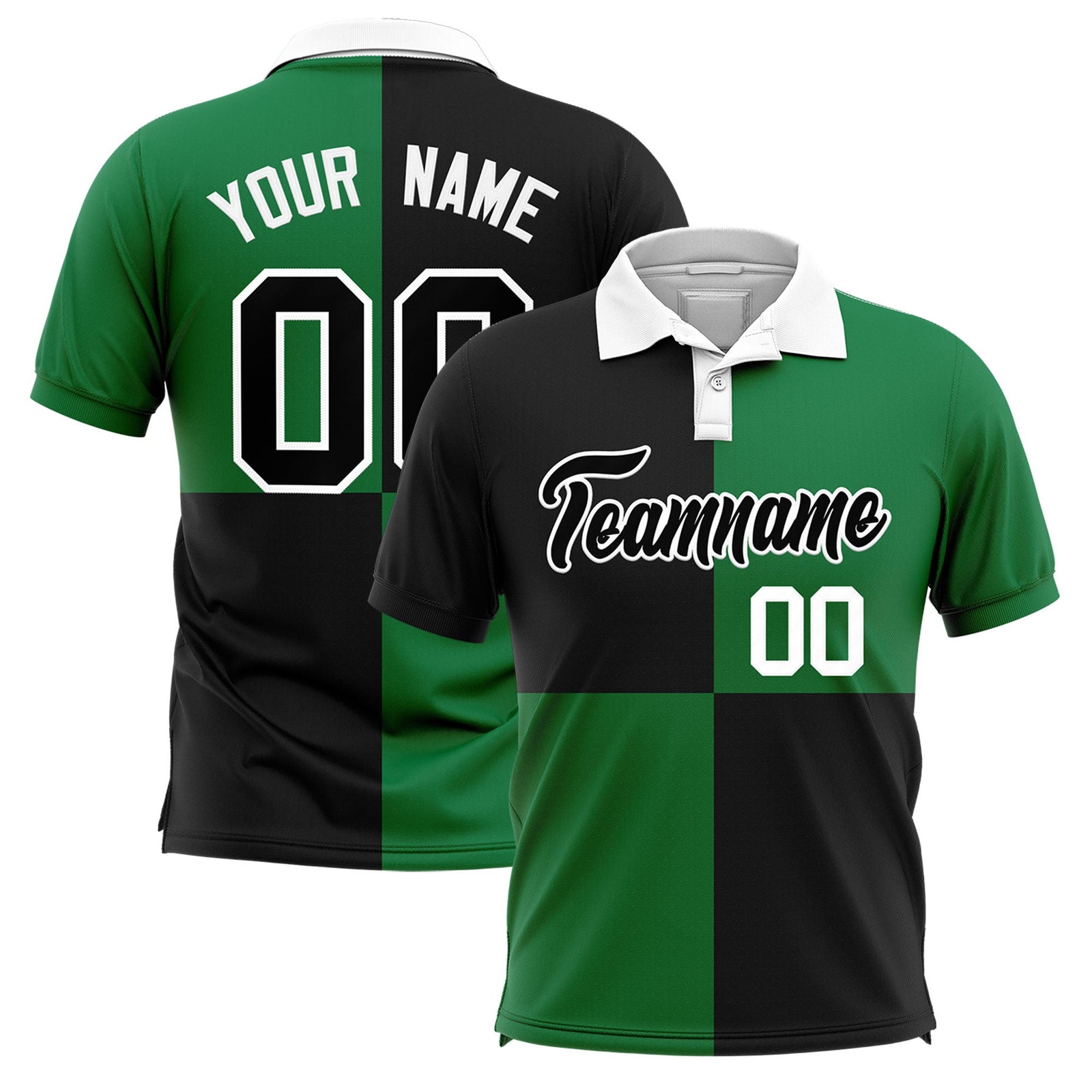 Custom Black Kelly Green Four Squares Design Performance Polo Shirt