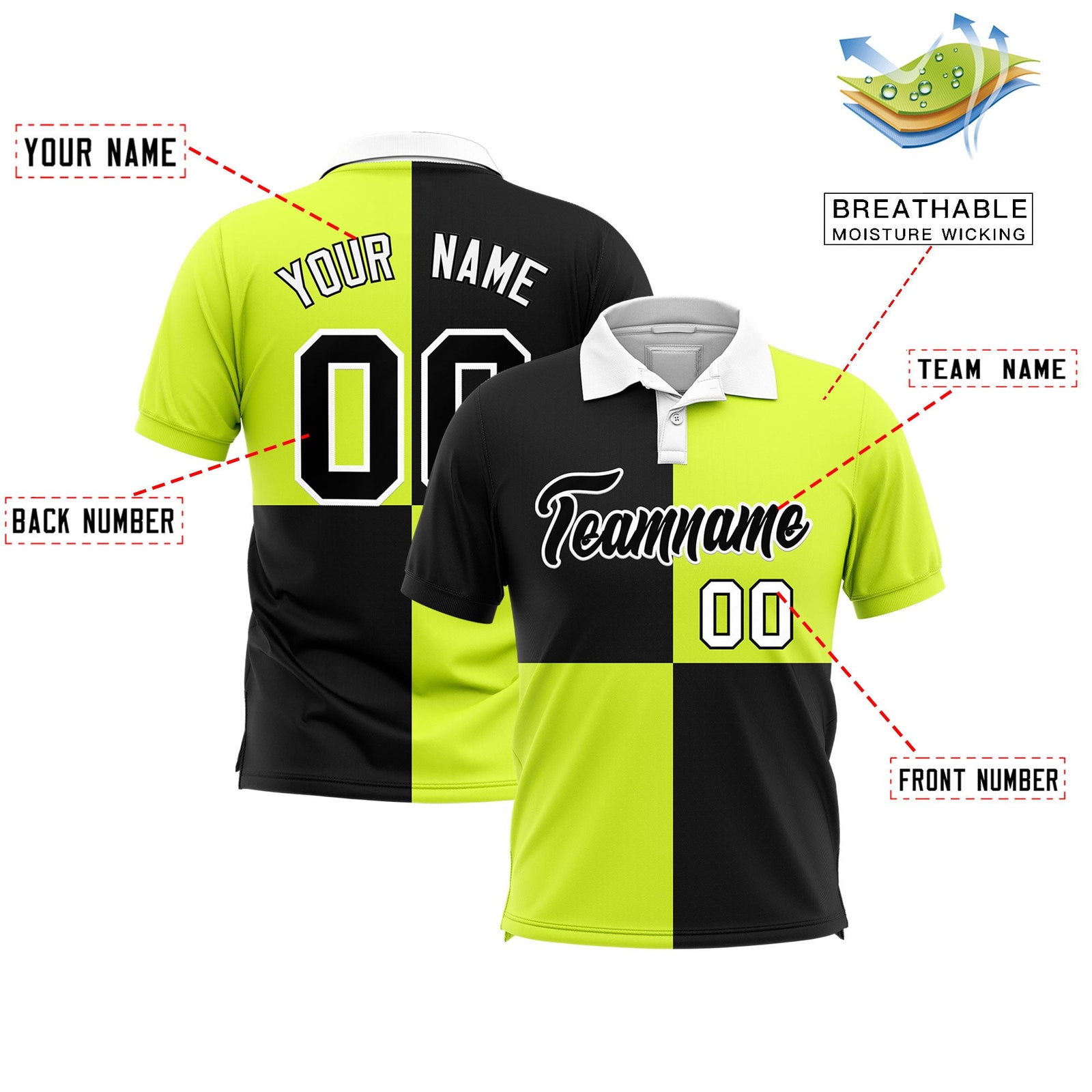 Custom Black Fluorescent Green Four Squares Design Performance Polo Shirt
