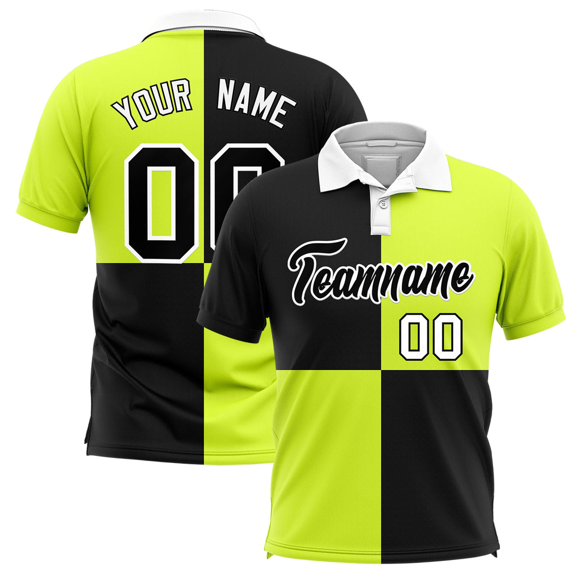 Custom Black Fluorescent Green Four Squares Design Performance Polo Shirt